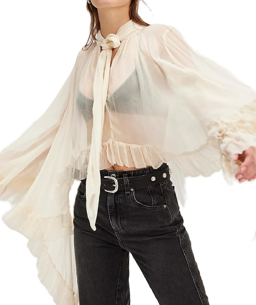 Women Full Sleeve Frill Tops Sexy See Through Sheer Ruffle